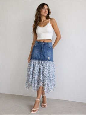POL Denim Distressed Midi Skirt Floral Asymmetrical Ruffle Boho Western Size L